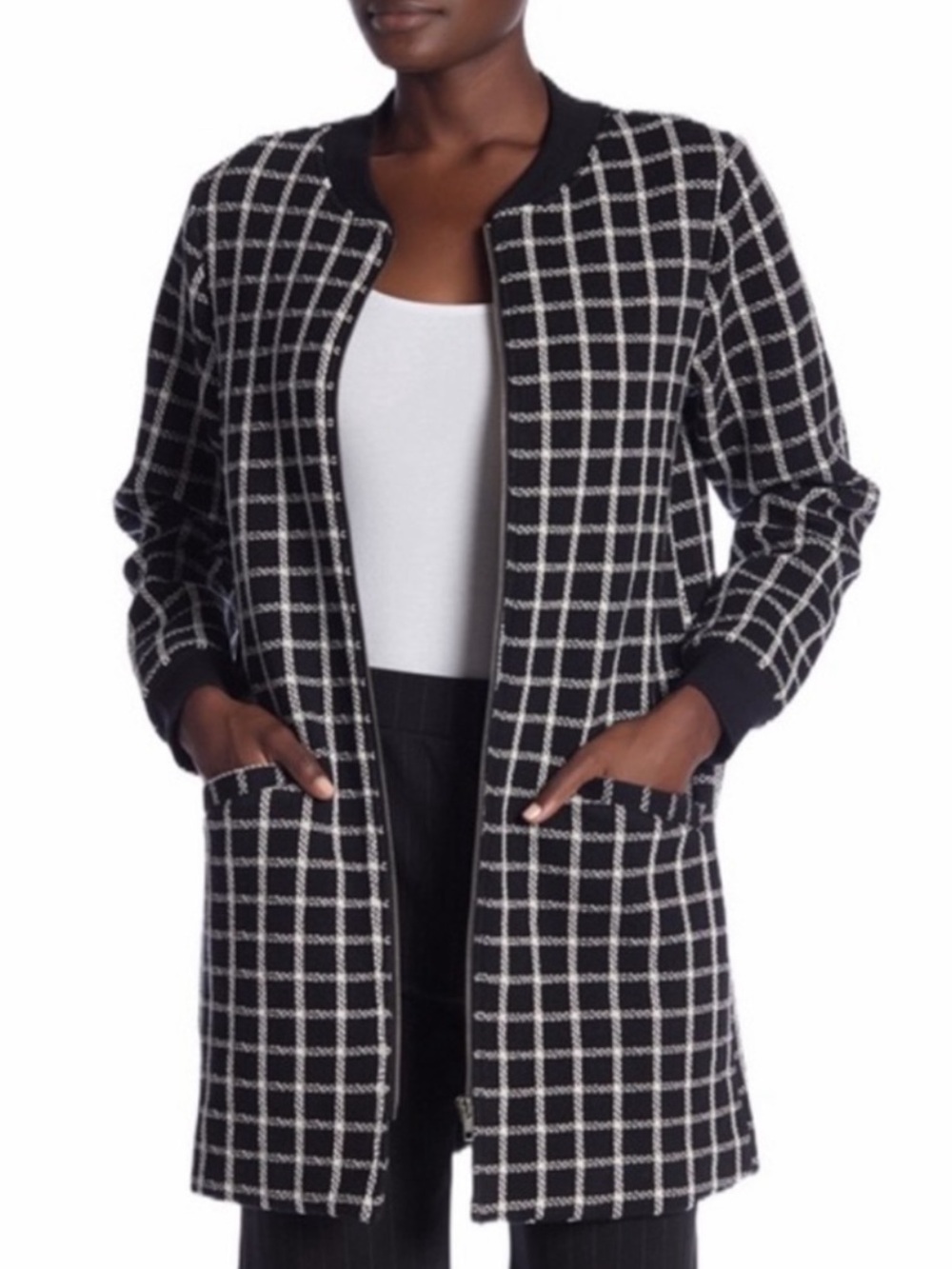 Sanctuary Womens Longline Windowpane Bomber Jacket, Black & White, Sz L